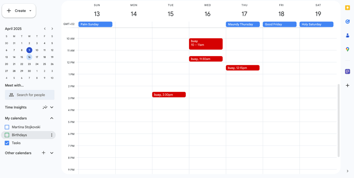 Weekly layout in Google Calendar