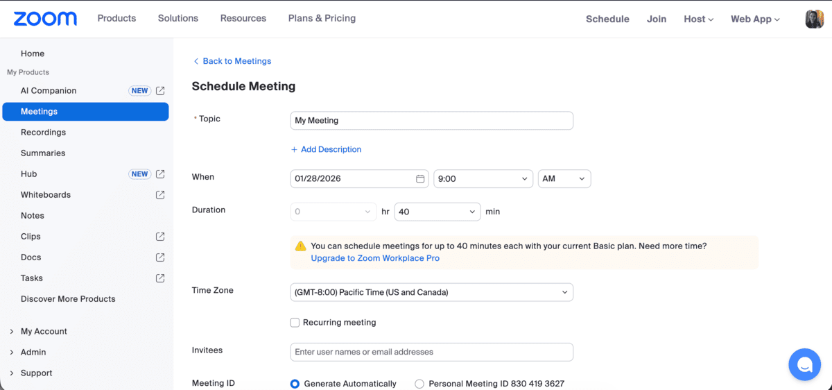 Scheduling a meeting in Zoom