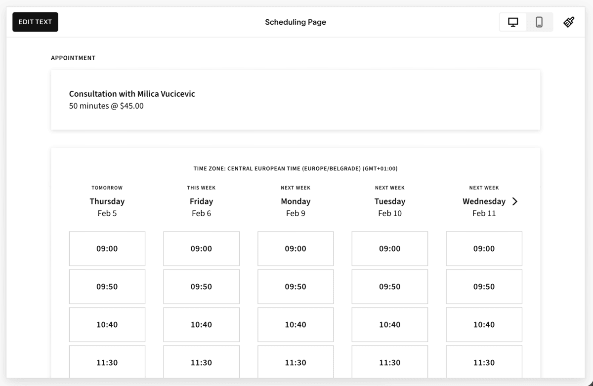Acuity Scheduling booking page