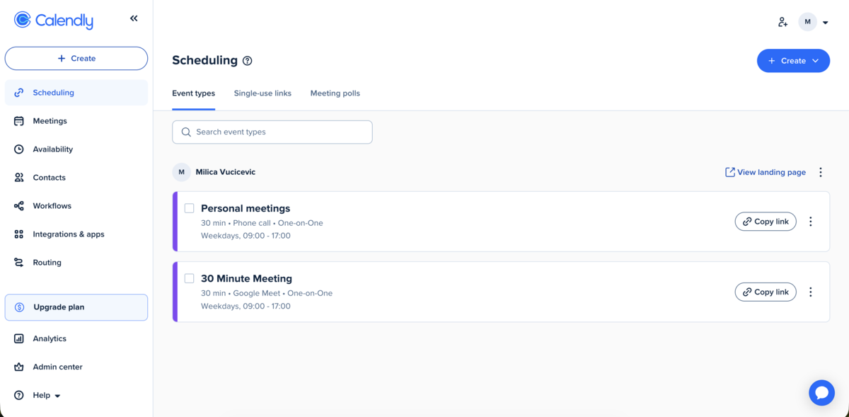 Calendly Event types page