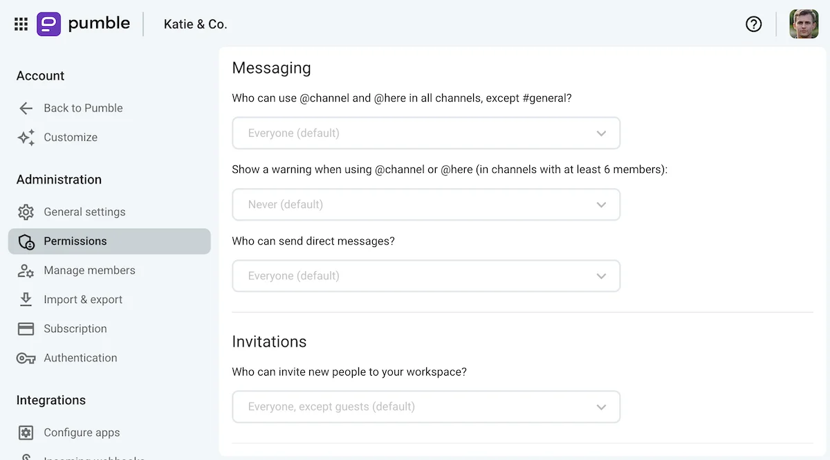 Permissions in Pumble, a business communication app