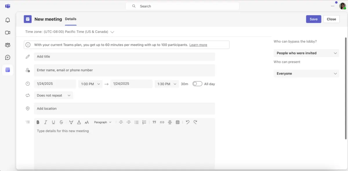 Scheduling a meeting in Microsoft Teams’ Outlook calendar