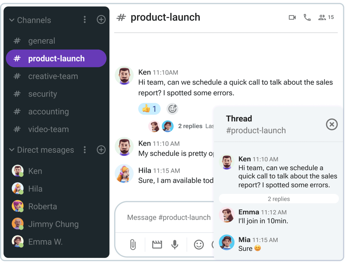 Channels and threads in Pumble, a business messaging app 