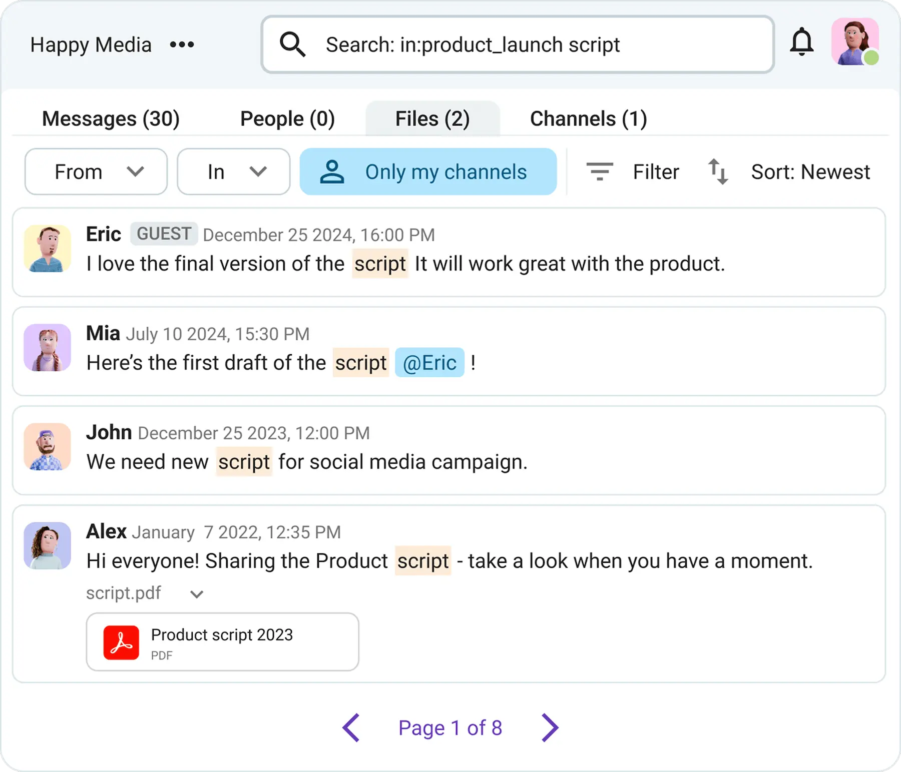 Find messages and files in seconds with Pumble’s search functionality