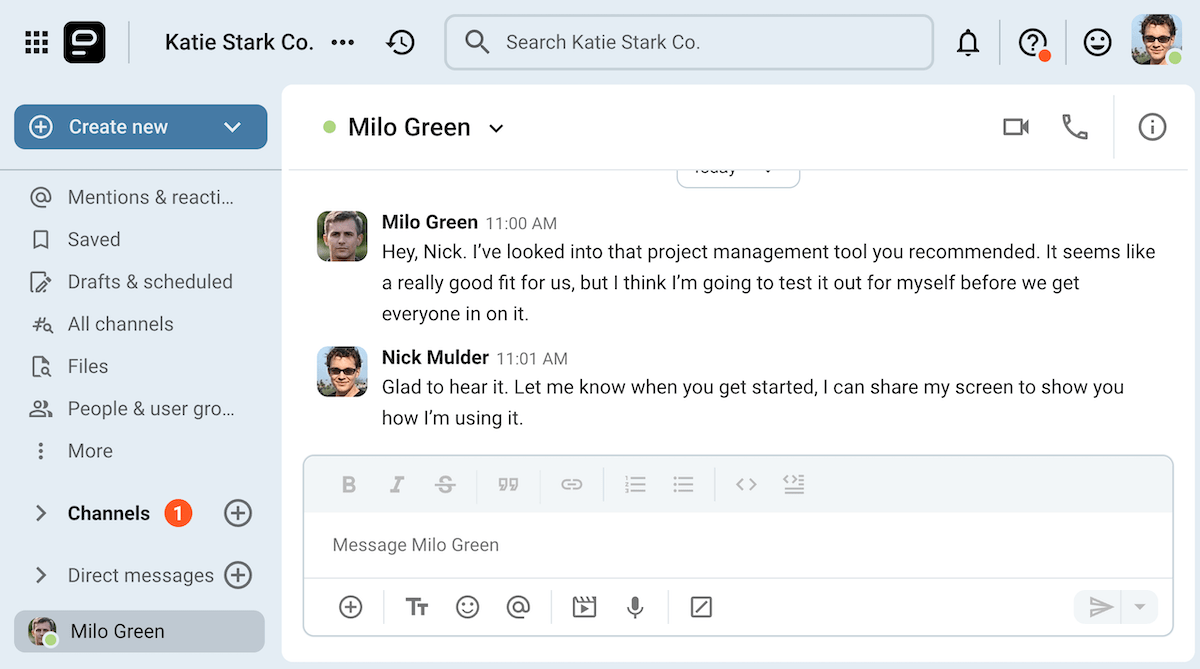 Nick’s professionalism has made him an indispensable employee, as seen in this exchange on Pumble, a team communication app