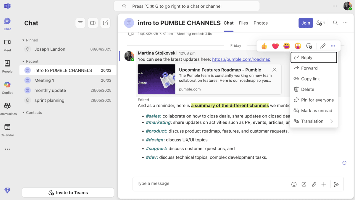 Pin or mute channels and chats in Microsoft Teams