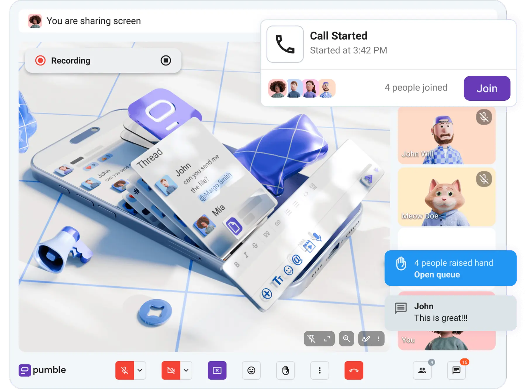 Access features like meeting recording, screen sharing, annotations, and reactions with just one click in Pumble