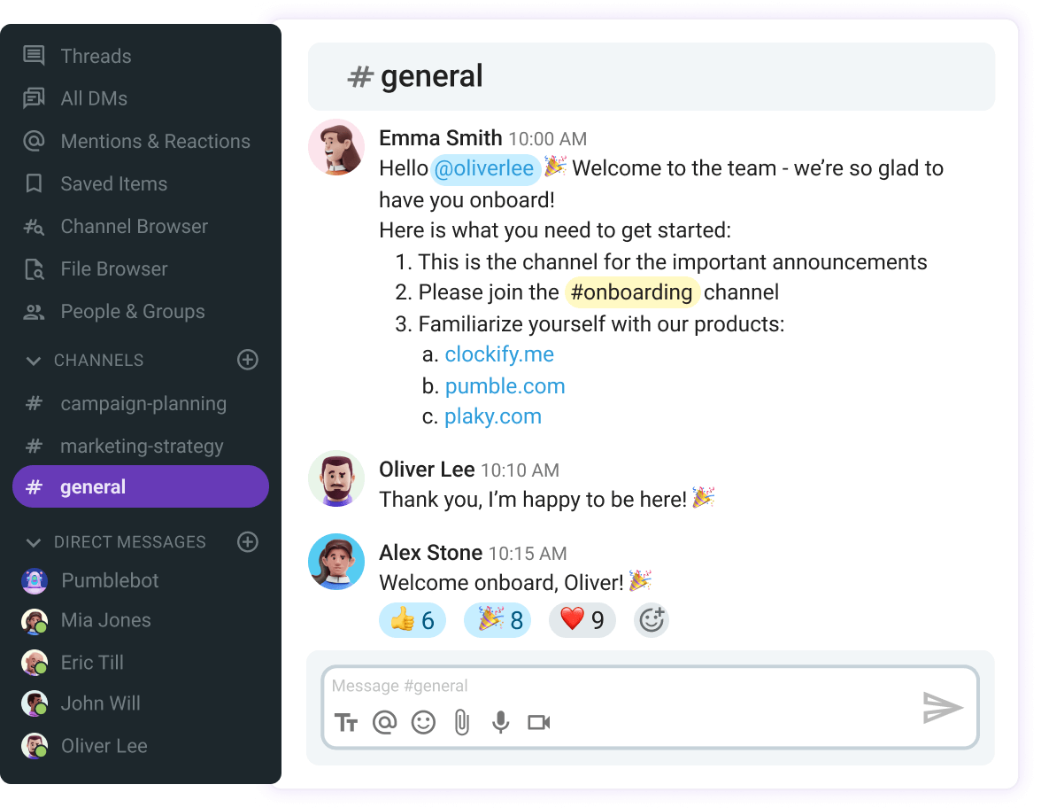 Onboarding process via Pumble, a team communication tool