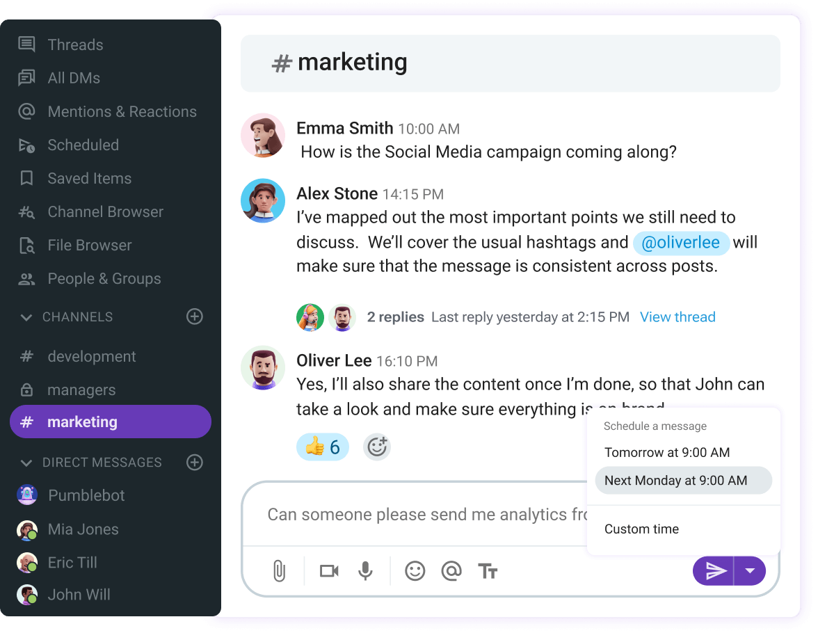 Scheduling a message in Pumble, a team communication app