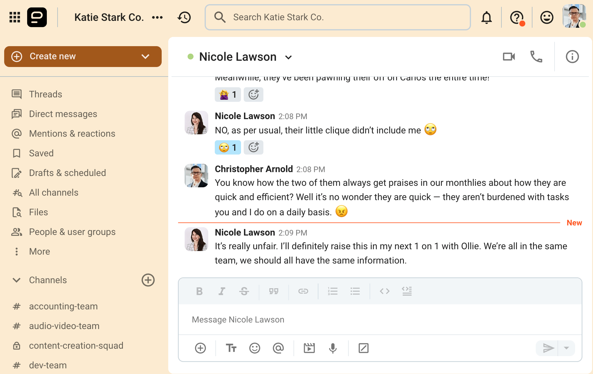 Two coworkers discuss favored employees’ clear access to information that they don’t have, as shown on Pumble, a team communication app
