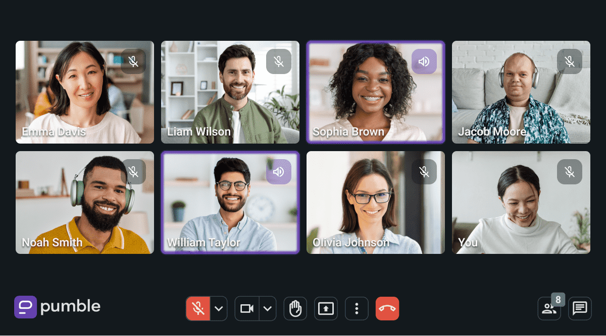 A group video call for new hires on Pumble, a team communication app
