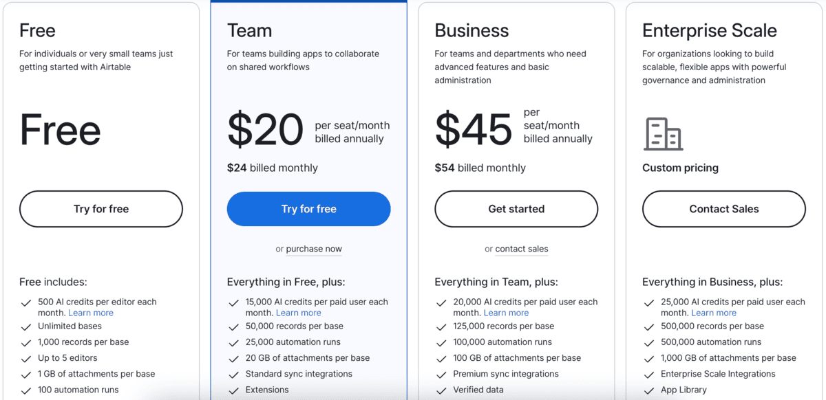 Airtable pricing