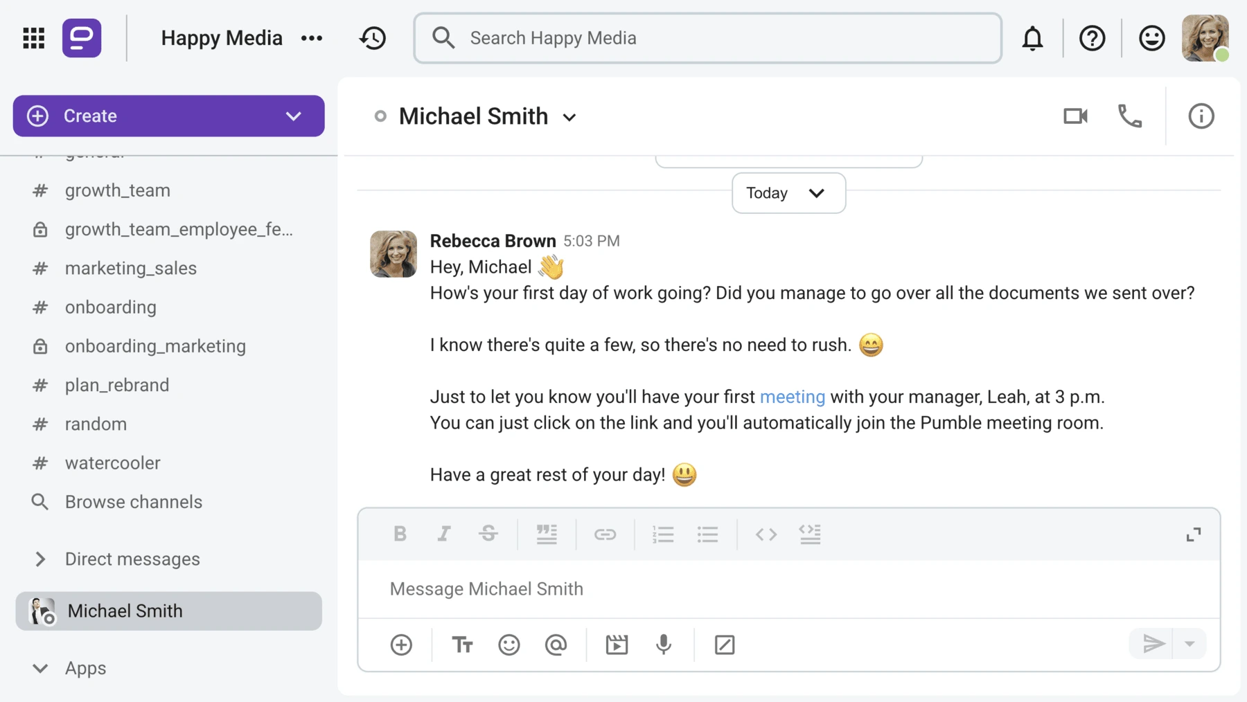 An HR specialist schedules a meet-and-greet for the new employee on Pumble, a team communication app