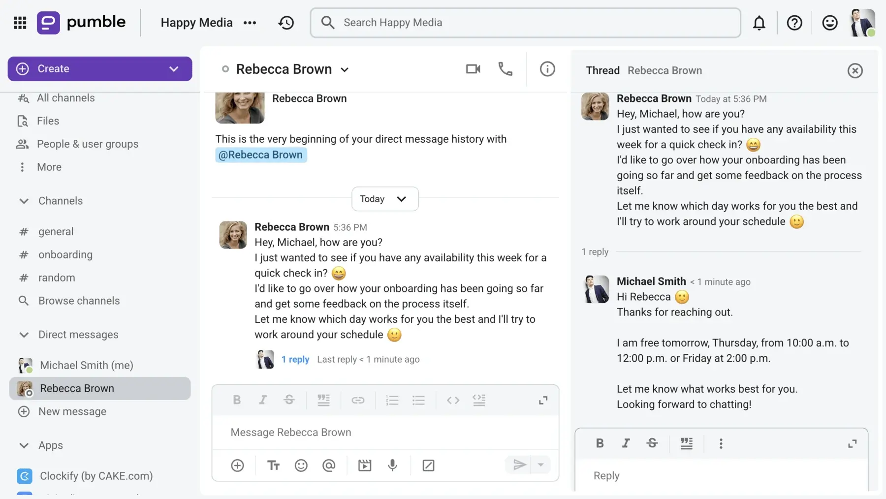 An HR specialist and a new employee scheduling a feedback session using Pumble Threads
