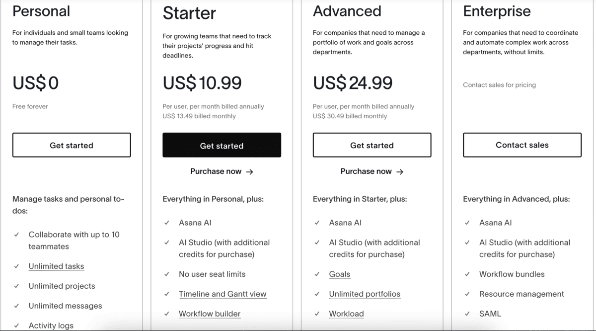Asana pricing