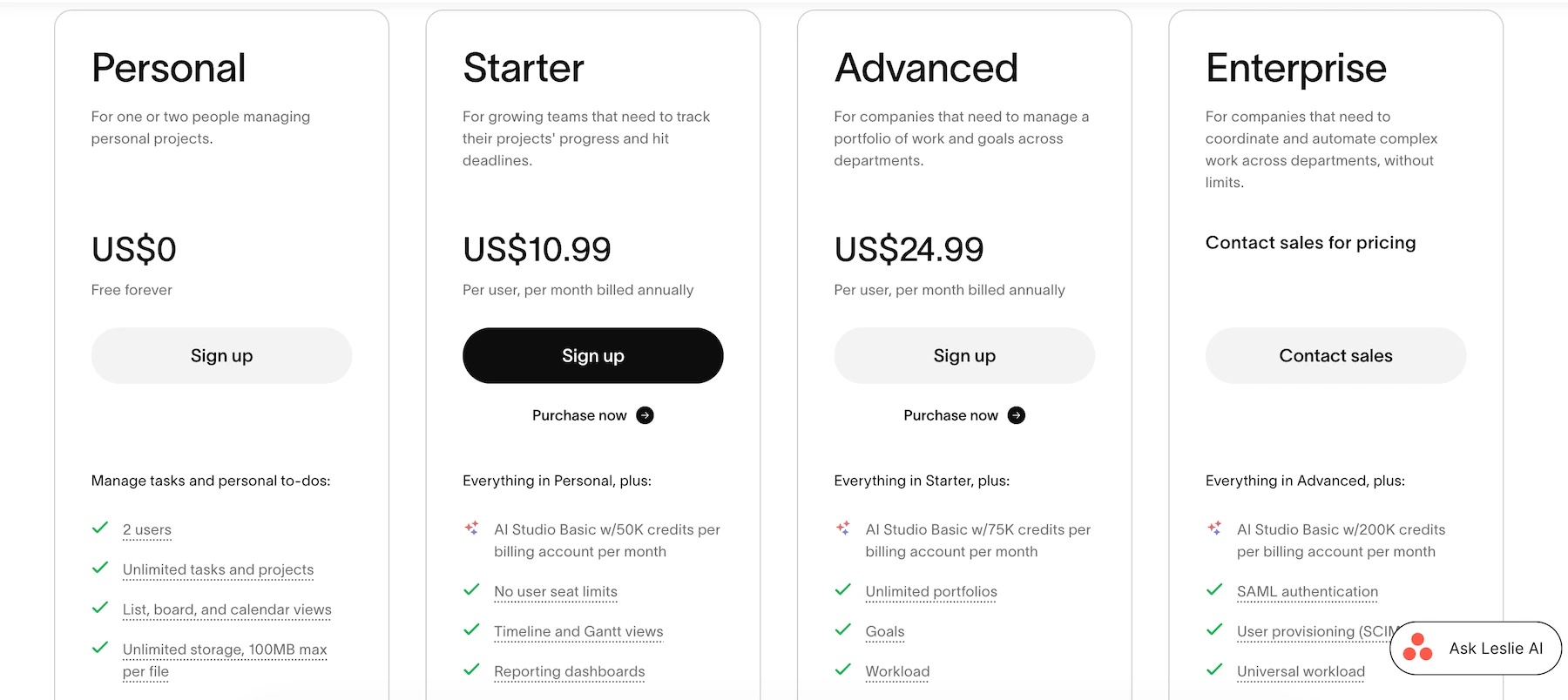 Asana pricing