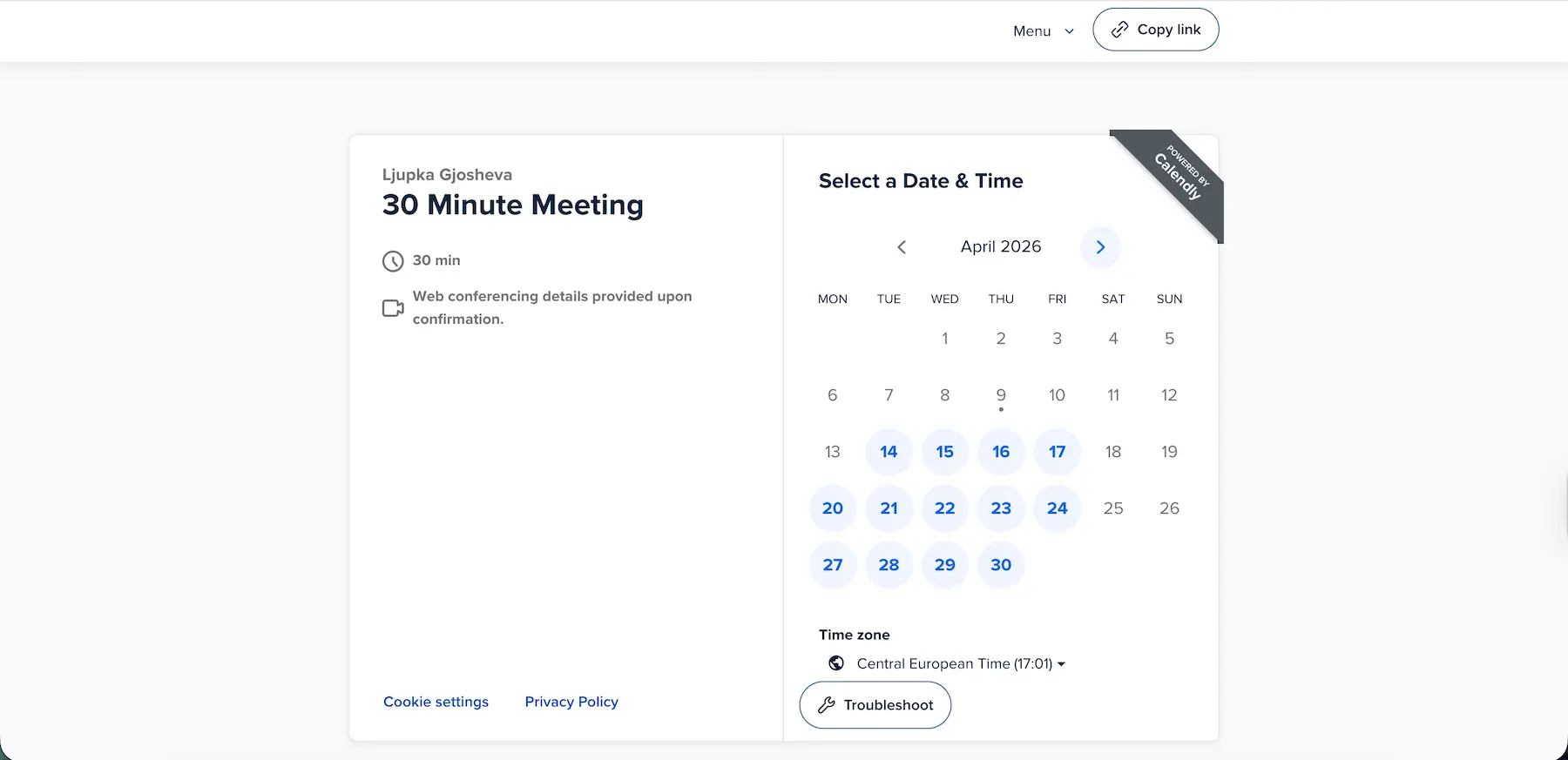 Booking a meeting through a custom Calendly link