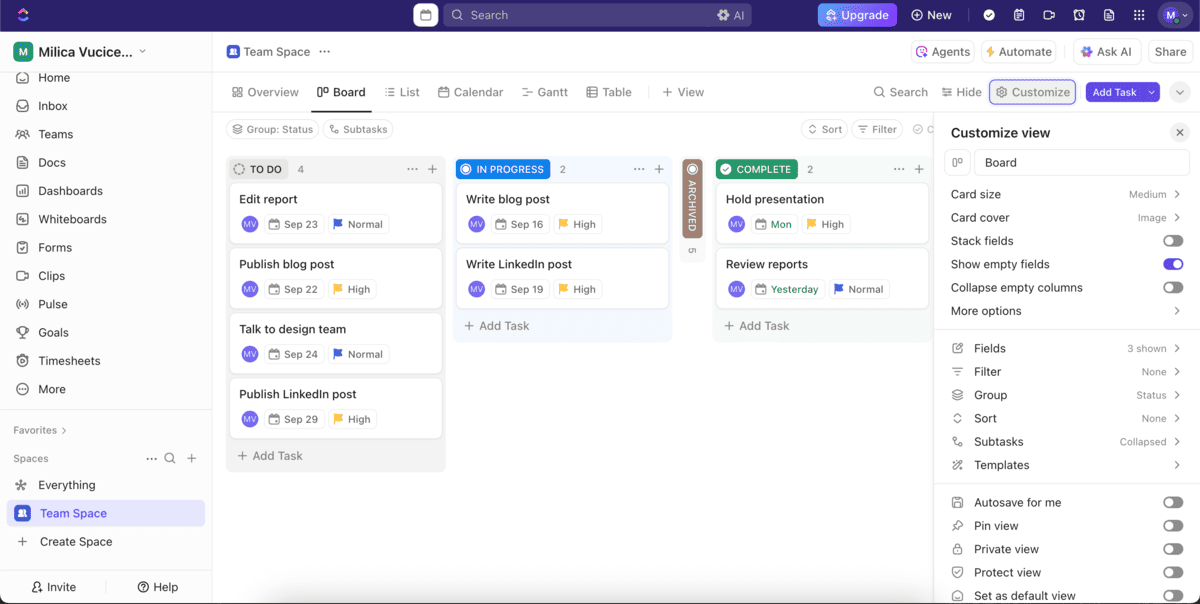 ClickUp board