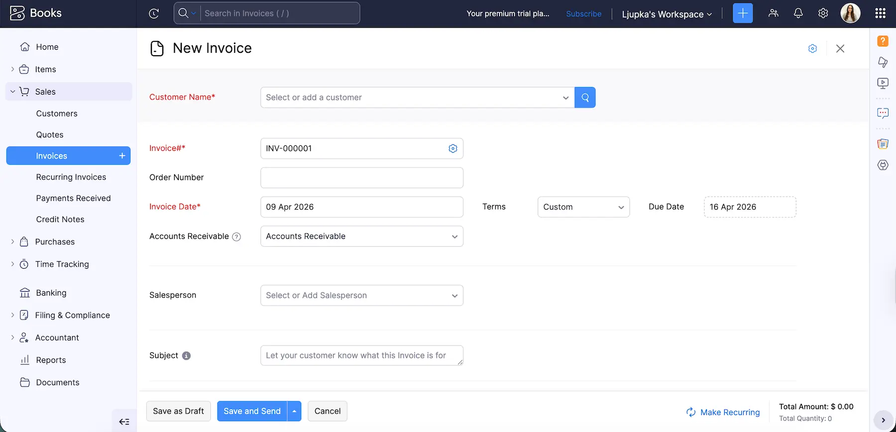 Creating an invoice in Zoho Books