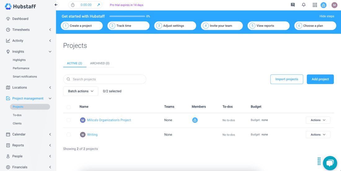 Hubstaff project management page