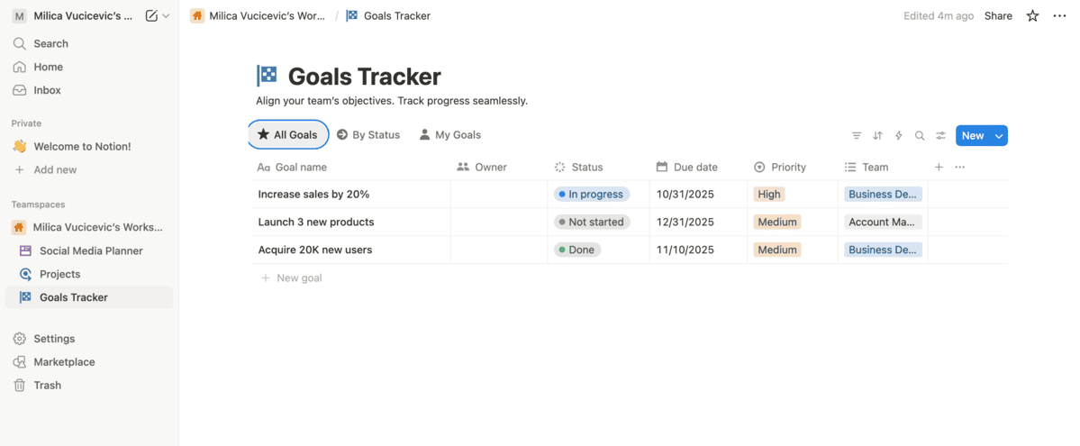Notion’s goals tracker