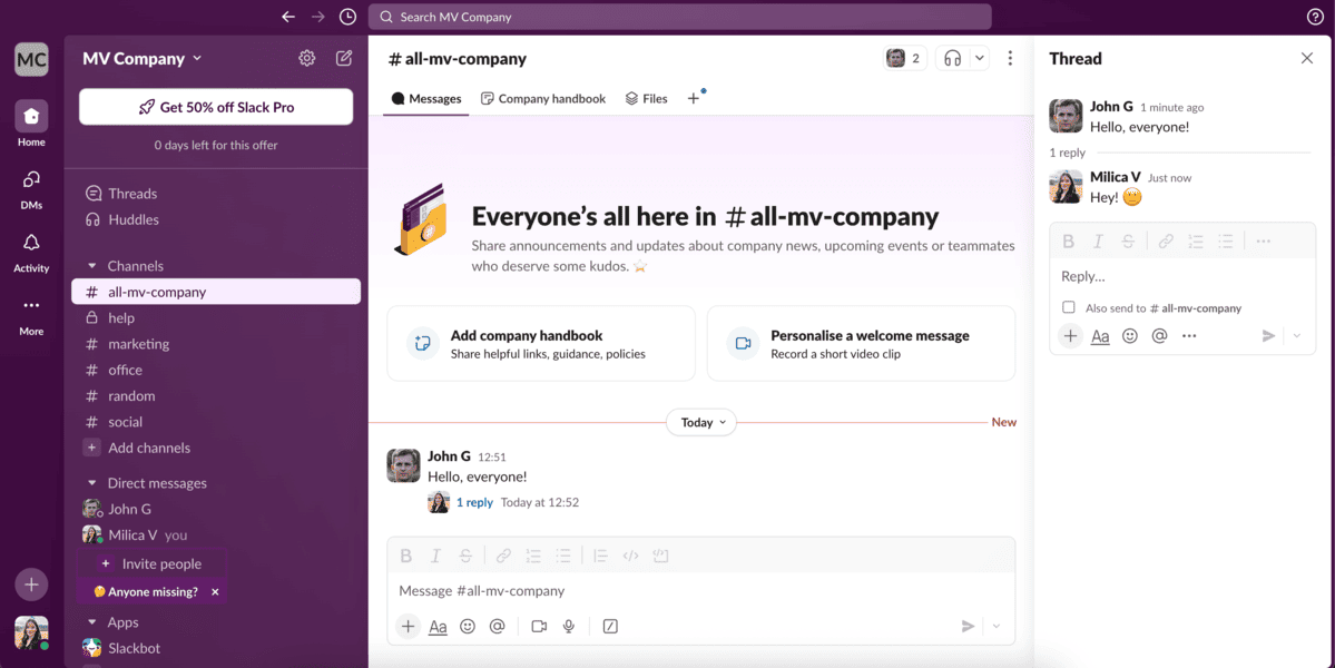 Channels and threads in Slack