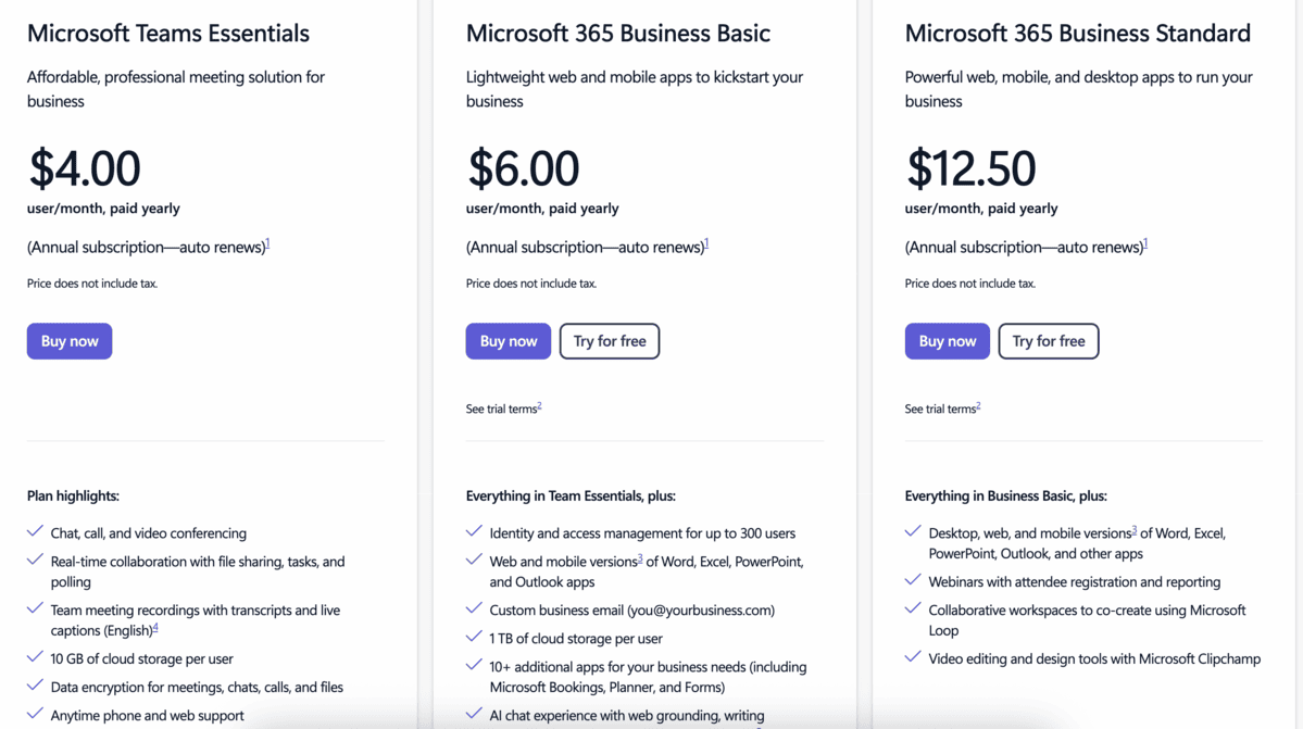 Microsoft Teams pricing