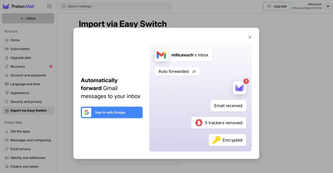 Forward Gmail messages to your Proton inbox