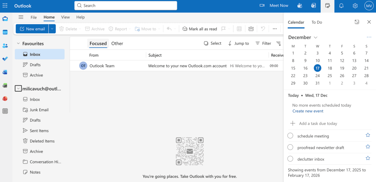 Outlook Mail interface with the Focused inbox and built-in calendar