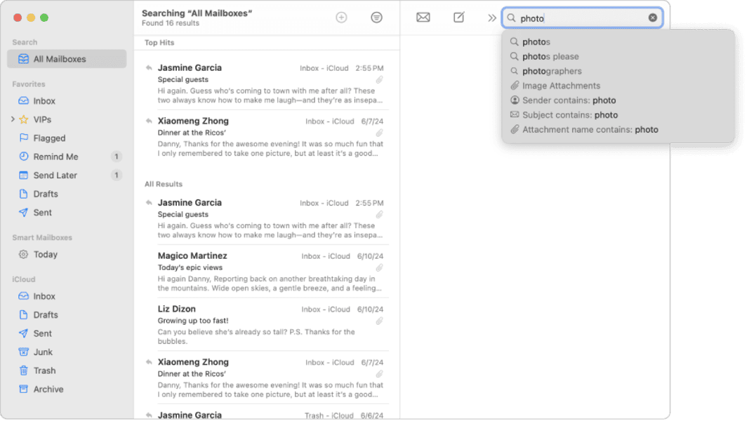 Search function in iCloud Mail