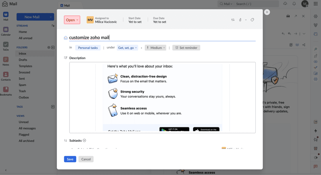 Turn an email into a task in Zoho Mail 
