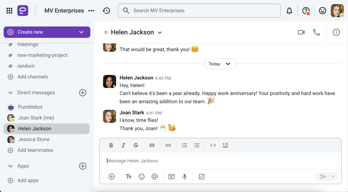 1-year work anniversary message via Pumble, a team communication tool