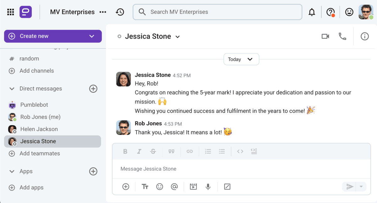 5th work anniversary message in Pumble, a team communication app