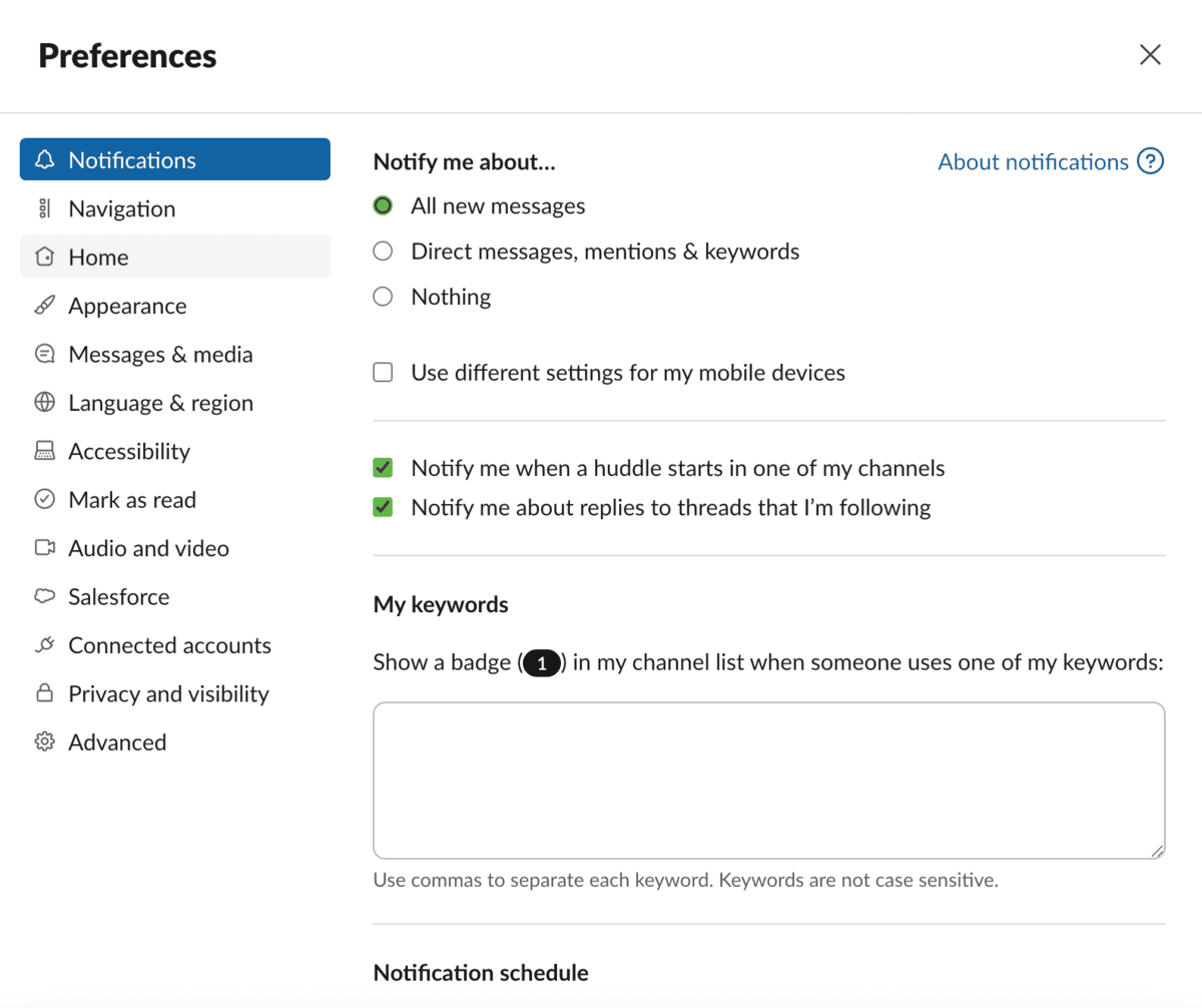 Notification preferences in Slack