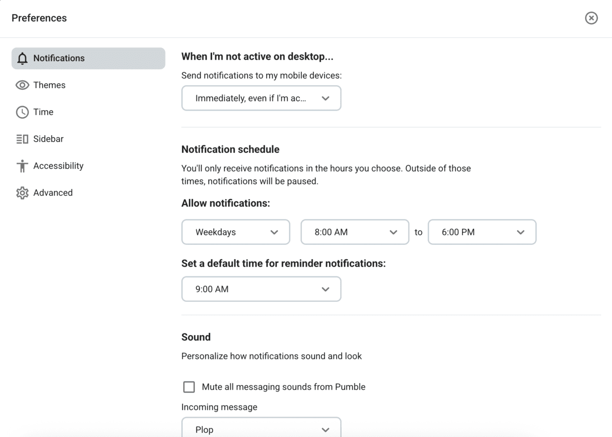 Some of the notification settings in Pumble