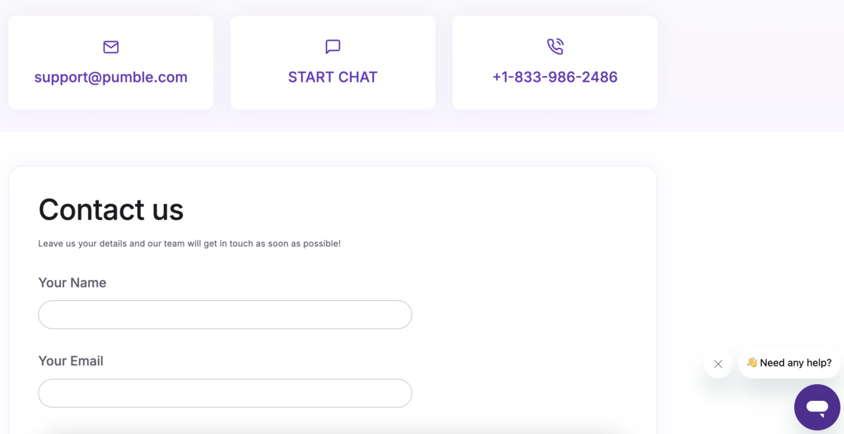 Customer support options in Pumble
