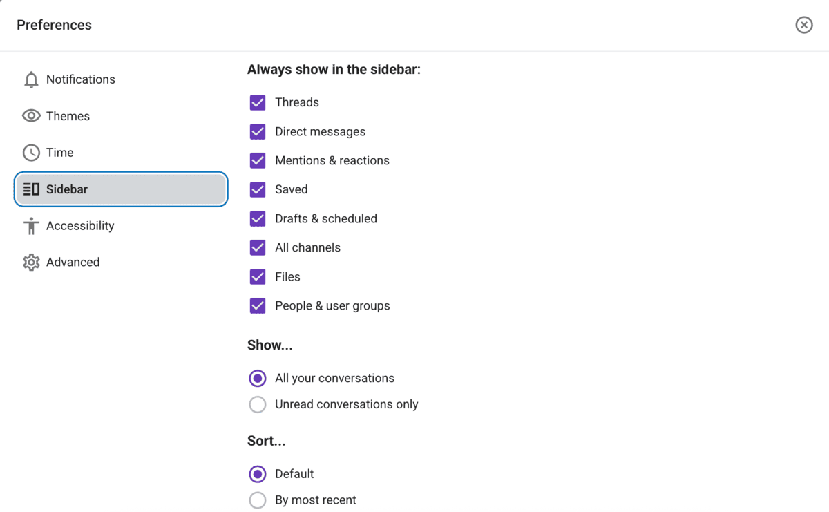 Sidebar preferences in Pumble