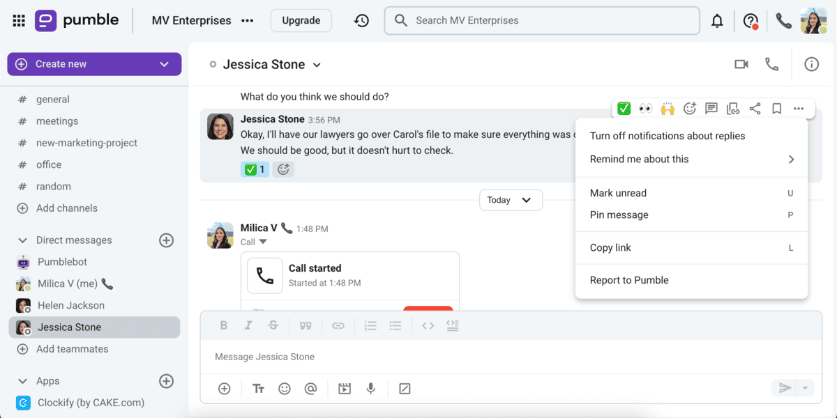 Messaging features in Pumble