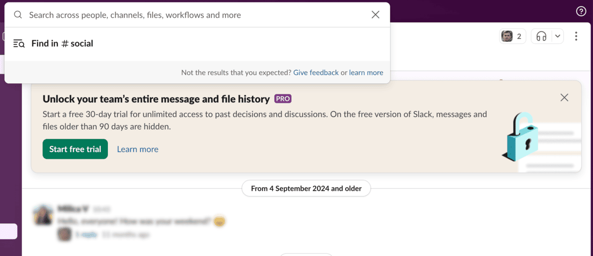 Hidden messaging history in Slack