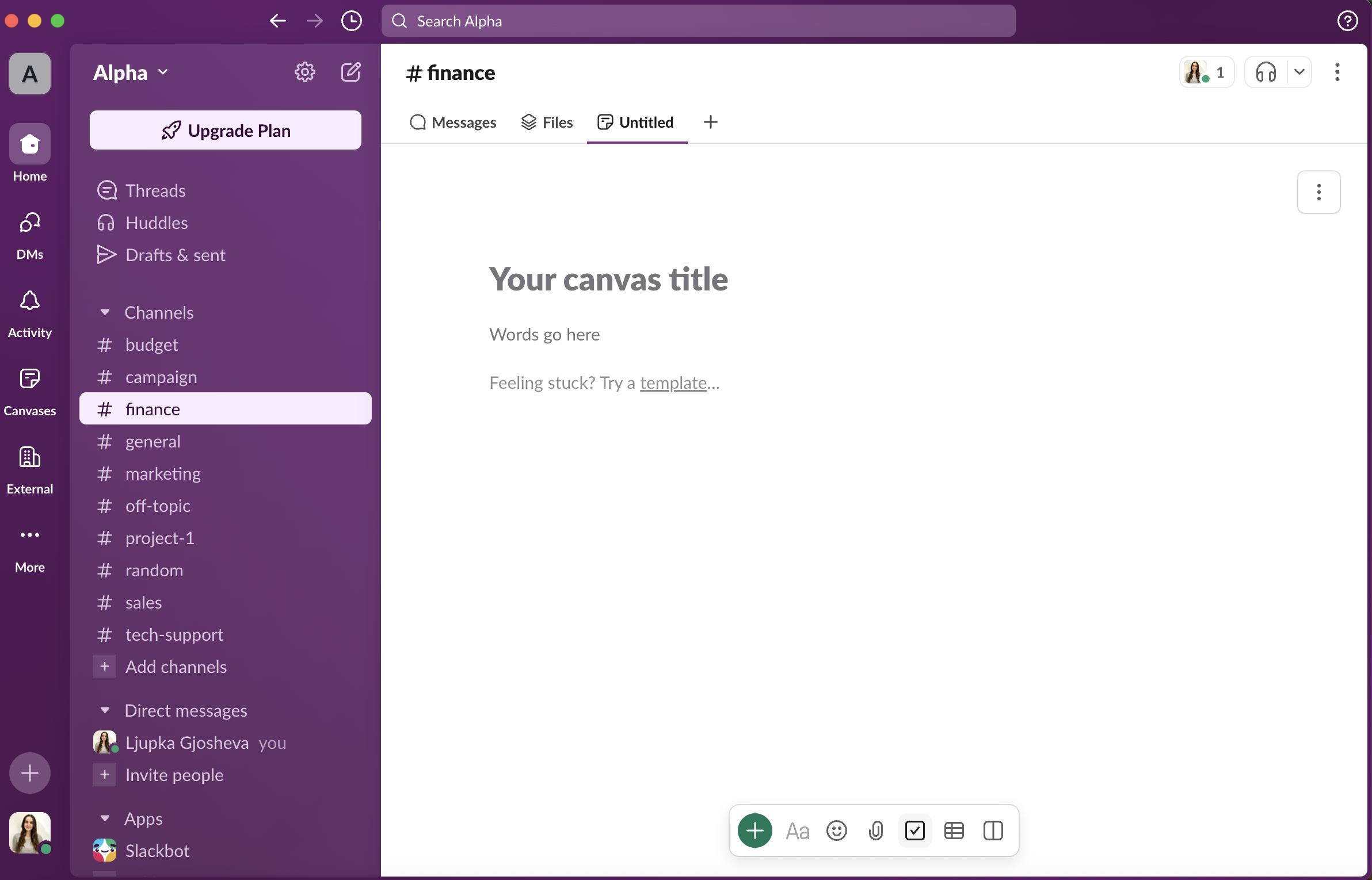 Creating a canvas in Slack