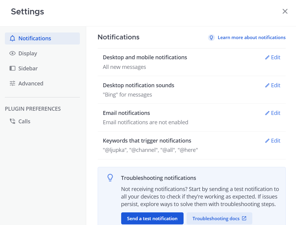 Notification settings in Mattermost