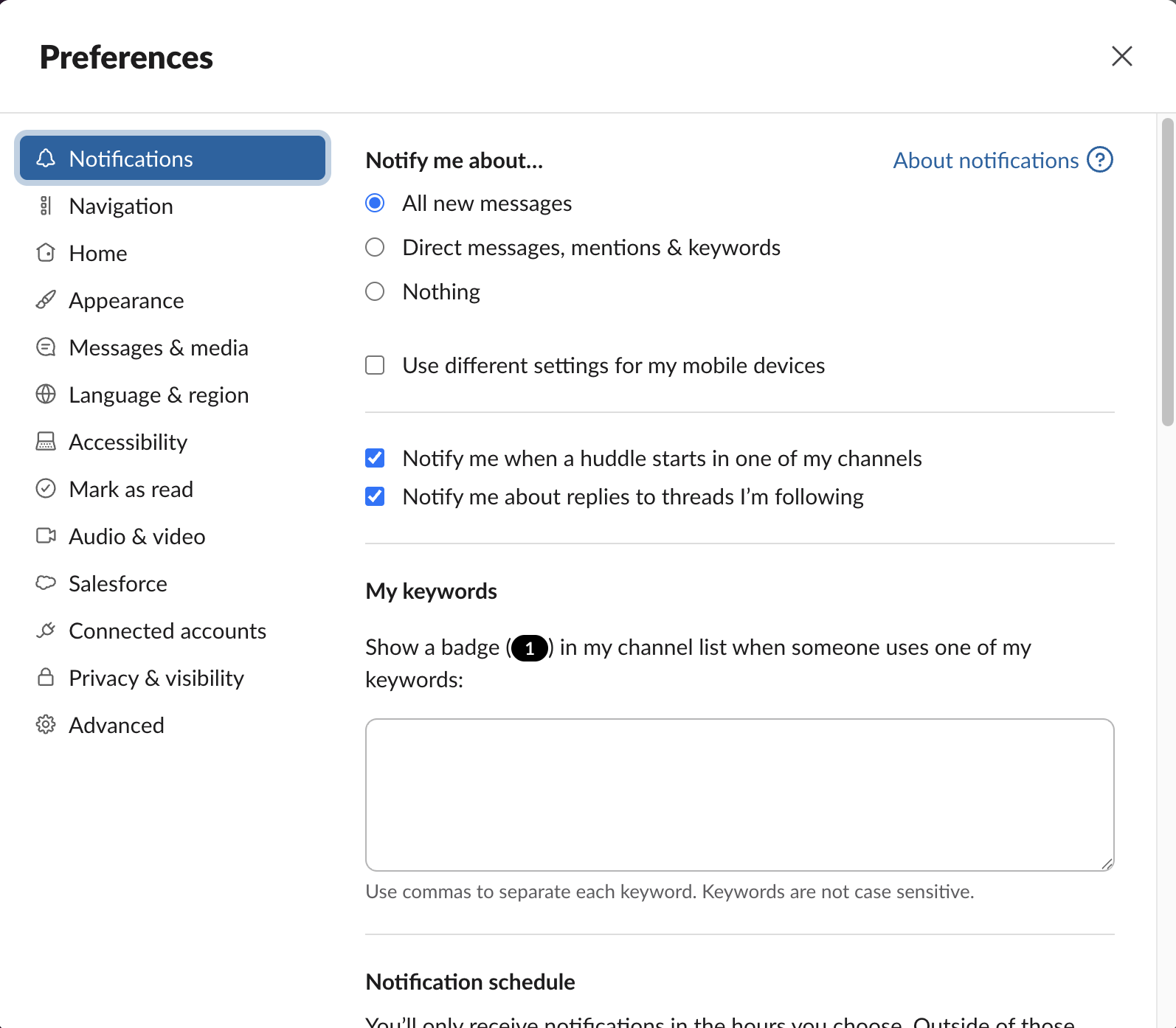 Notification settings in Slack
