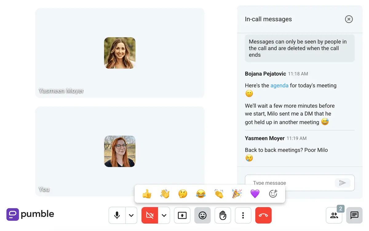A 1-on-1 video call in Pumble