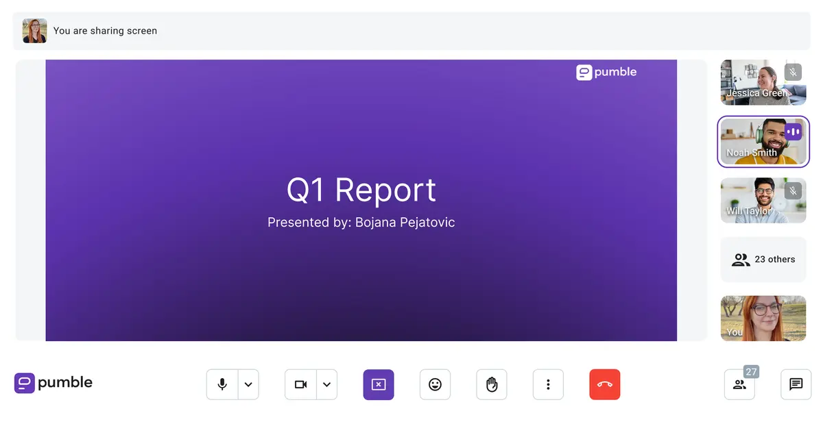 A group call on Pumble by CAKE.com can have up to 100 participants