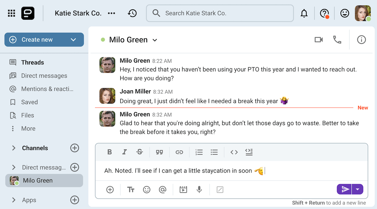 A manager reminds his employee to take a vacation on Pumble, the team communication app