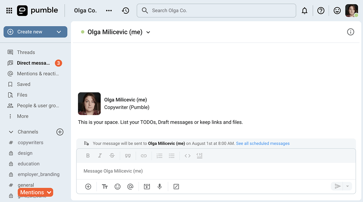 A new message is easy to find even if you’ve joined a lot of channels on Pumble, the team communication app