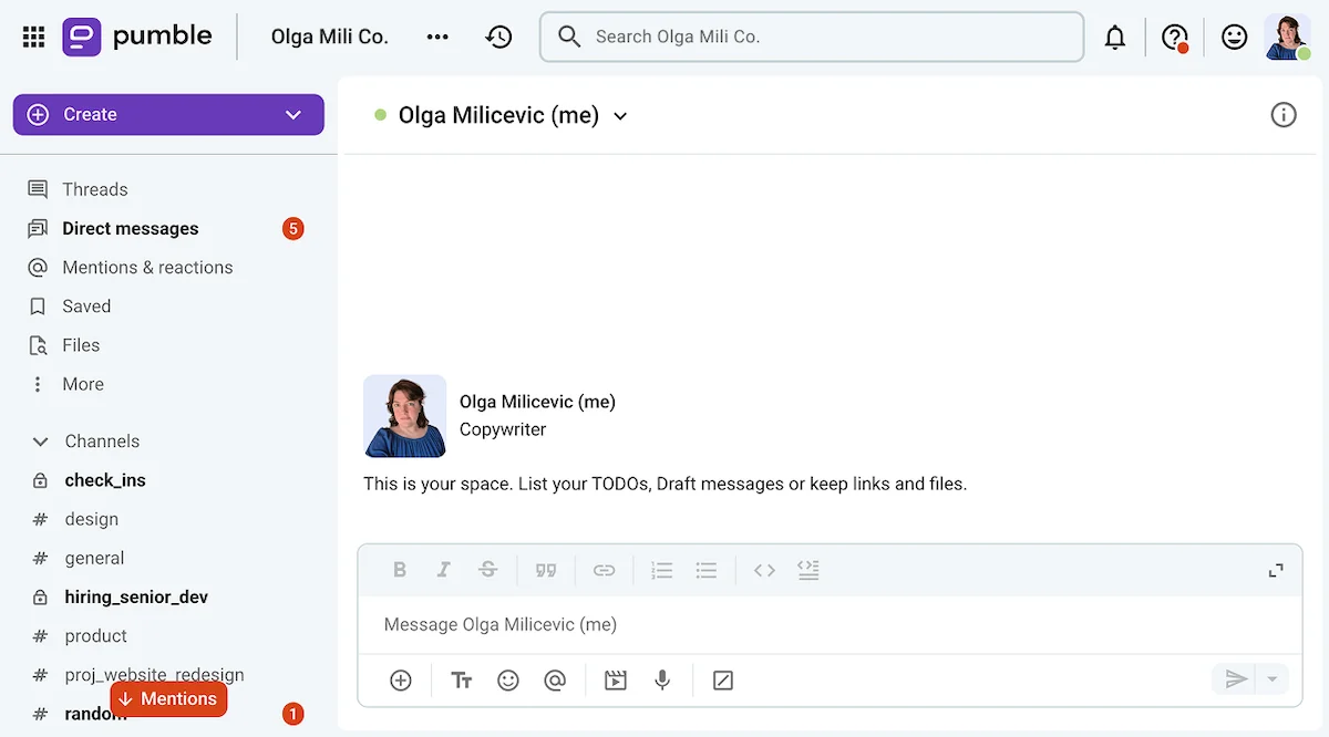 A new message is easy to find even if you’ve joined a lot of channels on Pumble, the team communication app
