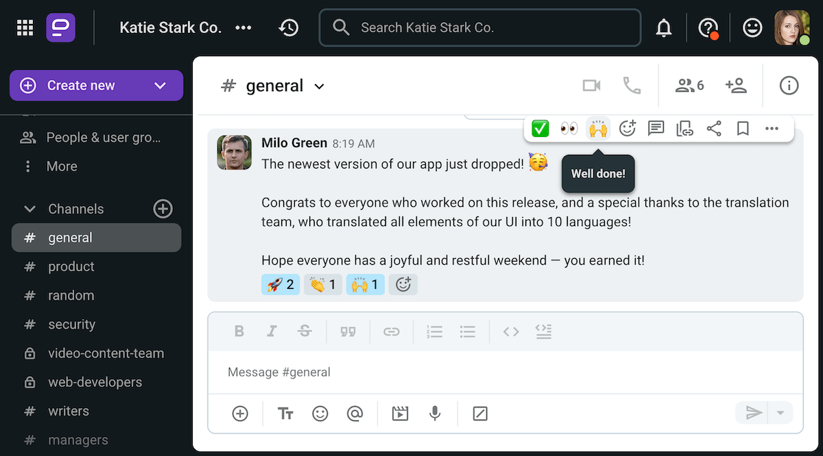 A team celebrates a success on Pumble, the team communication app