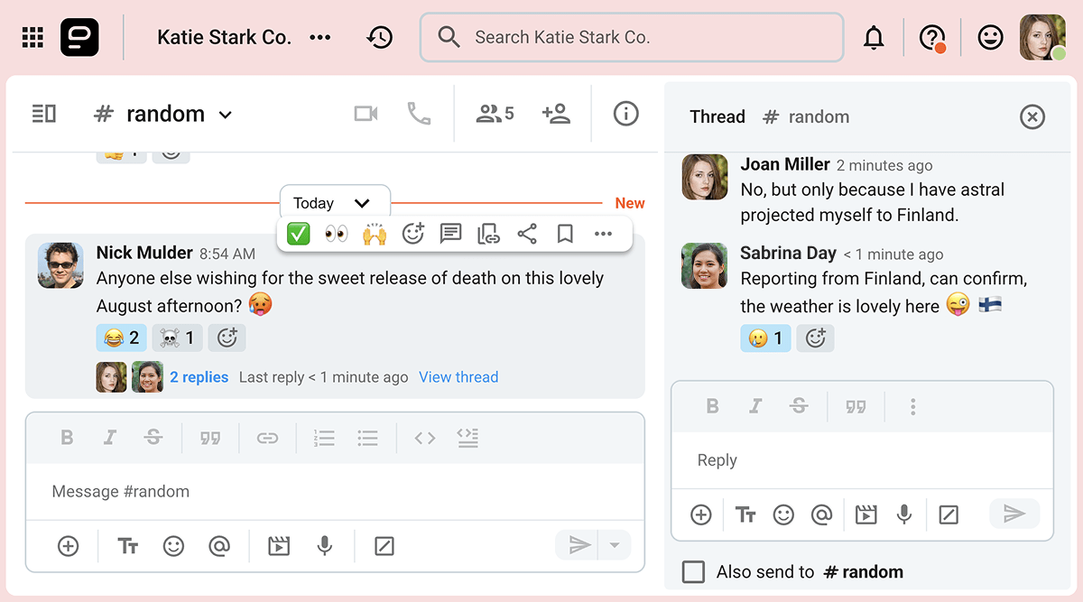 A team engages in small talk on Pumble, the business messaging app
