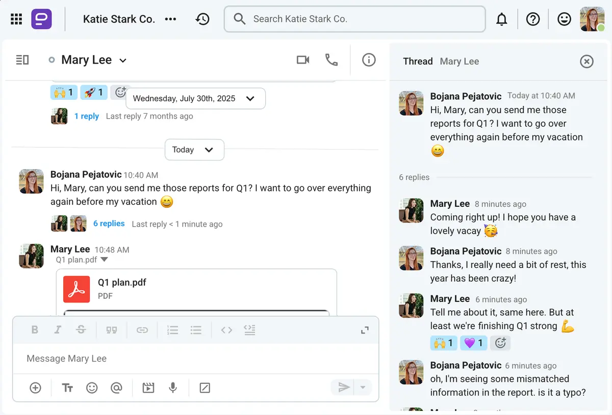 A threaded conversation in Pumble